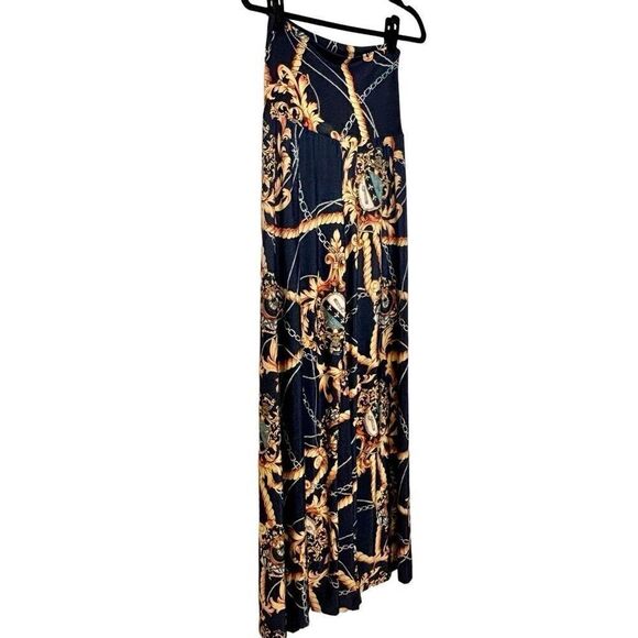 Fashion Nova Printed Soft Stretch Palazzo Wide Leg Pull-On Pants Navy Gold Small - Picture 3 of 5